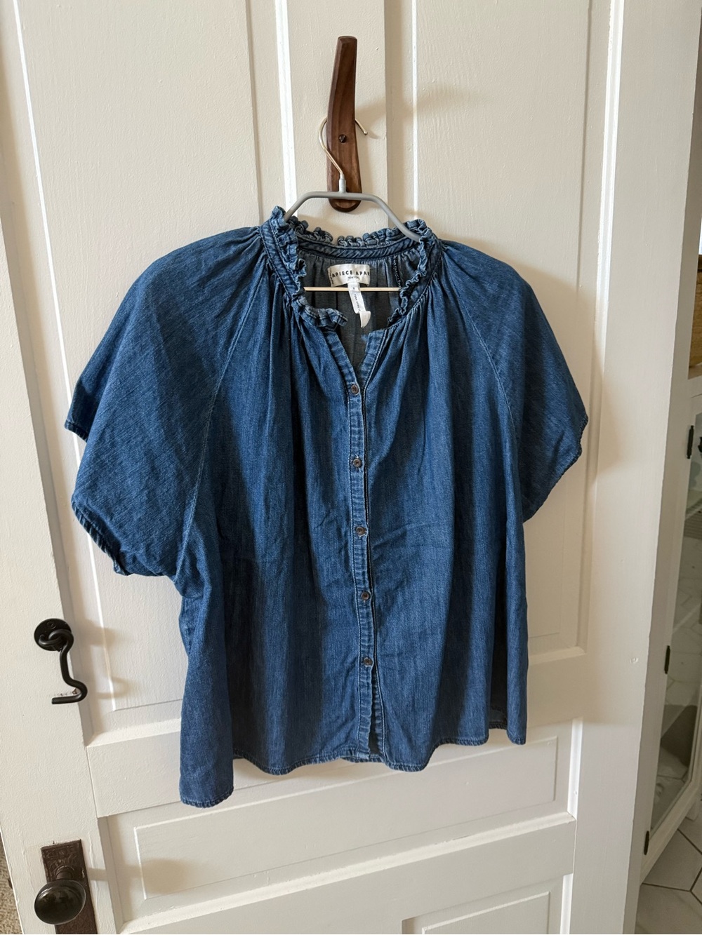 Apiece Apart Denim Blue Ruffled Collar Button-Front Top
